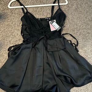 Black Lace Bodice Satin Romper from pretty little thing